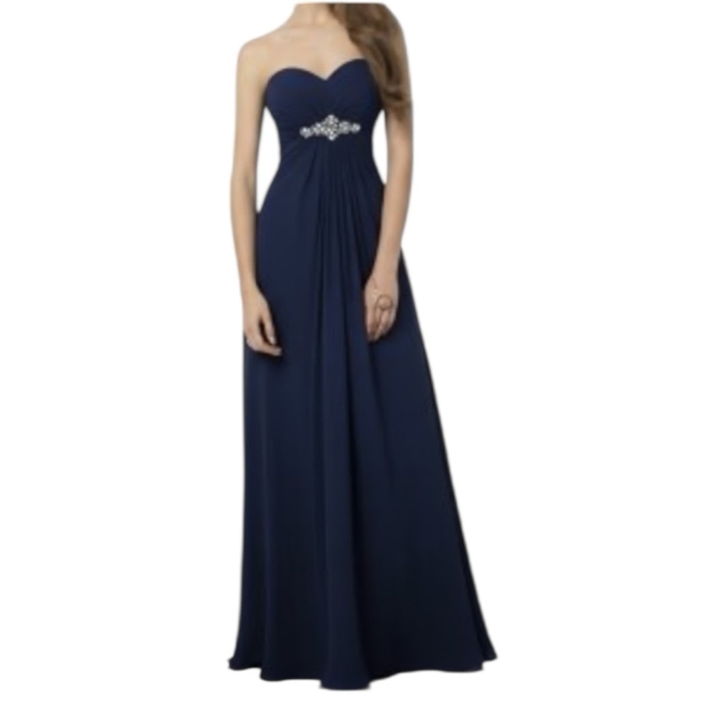 Bill Levkoff Strapless Chiffon With Straps Gown Navy Blue And Rhinestone Waist